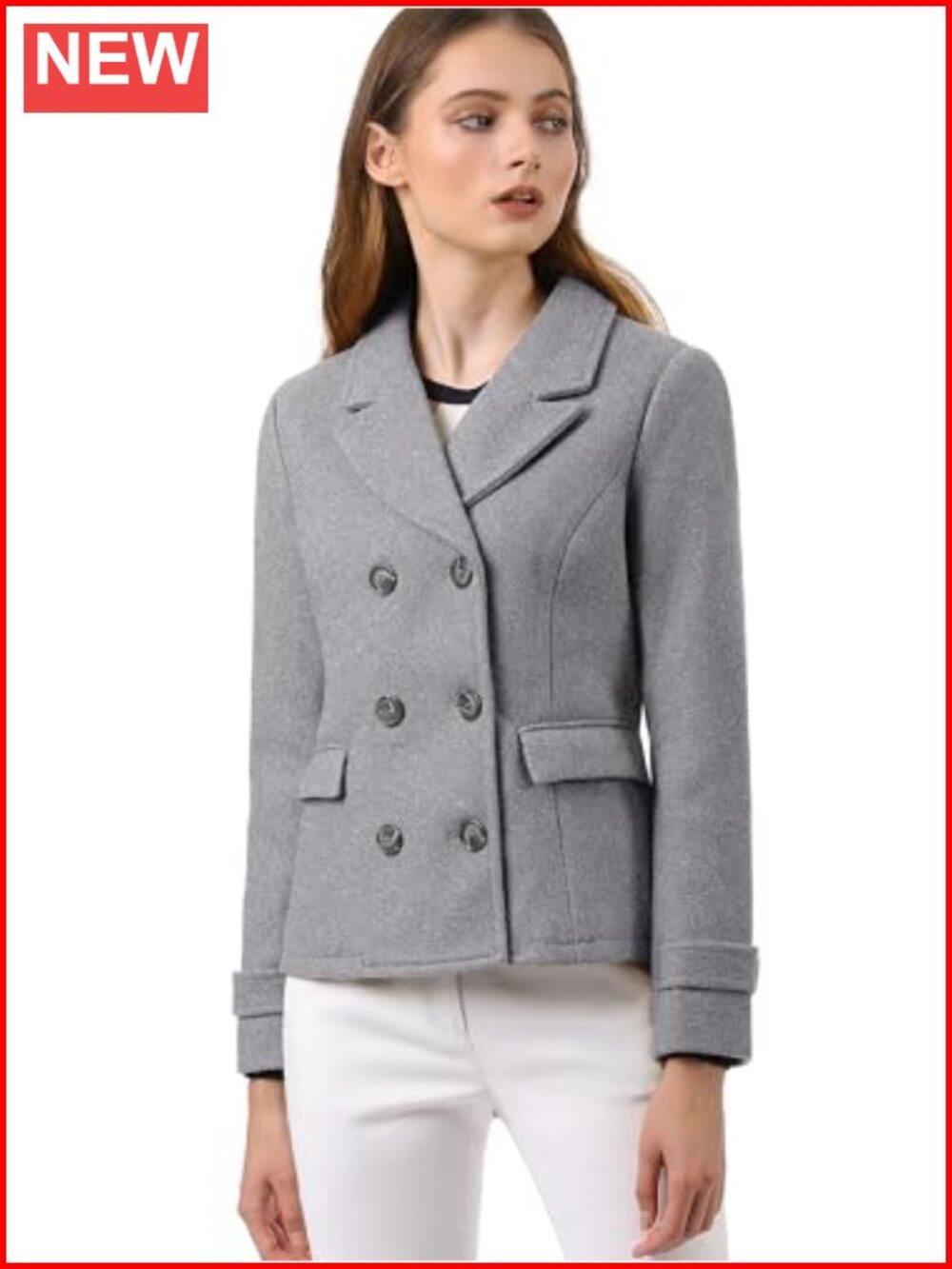 Elegant Notched Lapel Double Breasted Short Pea Coat Business